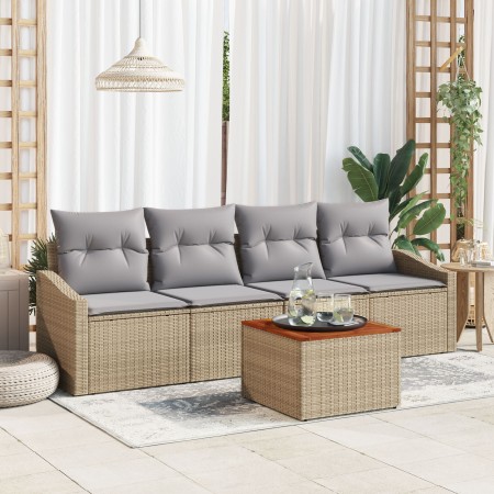Conjunto de Sofás de Jardín de 5 Piezas con Cojines Beige Ratán Poliéster Acacia | Foro24.es | Tu tienda online para hogar, jardín y más Foro24.es
