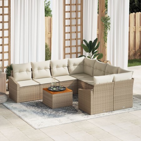 Juego de Sofá de Jardín de 9 Piezas con Cojines Beige Ratán Sintético Acacia de , Sofás de exterior - Ref: Foro24-3356482, Pr...