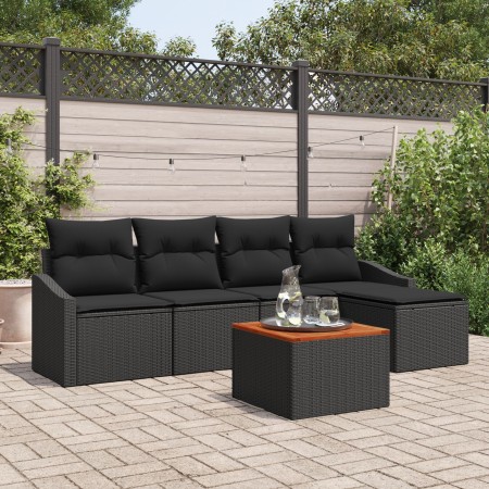 Set de Sofás de Jardín de 6 Piezas con Cojines Negro Poliratán Acacia de , Sofás de exterior - Ref: Foro24-3356490, Precio: 3...