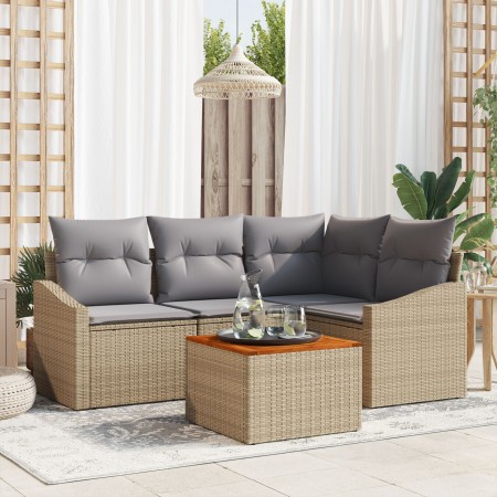 Conjunto de Sofá de Jardín de 5 Piezas con Cojines Beige de Ratán Poliéster Acacia | Foro24.es | Tu tienda online para hogar, jardín y más Foro24.es