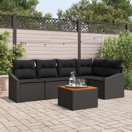 Conjunto de Sofá de Jardín de 6 Piezas con Cojines Negro Poliratán Acacia de , Sofás de exterior - Ref: Foro24-3356504, Preci...