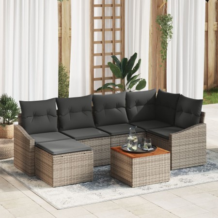 Set de Sofá de Jardín de 7 Piezas con Cojines Gris de Ratán Sintético de Acacia de , Sofás de exterior - Ref: Foro24-3356522,...
