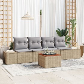 Conjunto de sofá de jardín de 5 piezas con cojines beige de poliratán Acacia de , Sofás de exterior - Ref: Foro24-3356558, Pr...