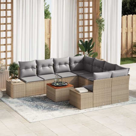 Conjunto de Sofá de Jardín de 9 Piezas con Cojines Beige Poliratán Acacia de , Sofás de exterior - Ref: Foro24-3356607, Preci...
