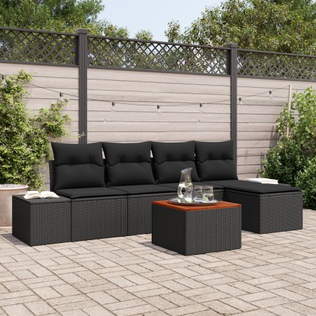 Conjunto de Sofás de Jardín de 6 Piezas con Cojines Negro Ratán Poliéster Acacia de , Sofás de exterior - Ref: Foro24-3356616...