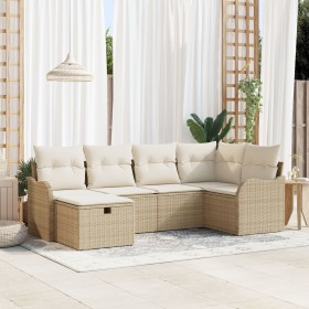 Set de Sofá Jardín de 6 Piezas con Cojines Beige Ratán Poliéster, Sofá Jardín de 2 Plazas con Cojines Beige Ratán Poliéster d...