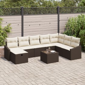 Conjunto de Sofá de Jardín de 9 Piezas con Cojines en Ratán Poliranato Marrón de , Sofás de exterior - Ref: Foro24-3359337, P...