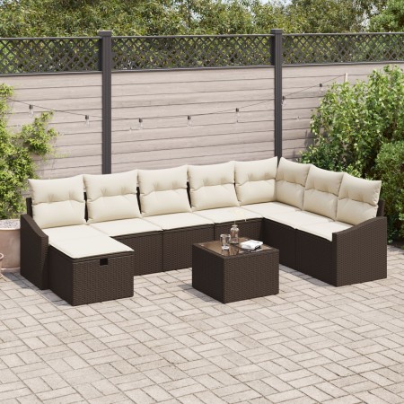 Conjunto de Sofá de Jardín de 9 Piezas con Cojines en Ratán Poliranato Marrón de , Sofás de exterior - Ref: Foro24-3359337, P...