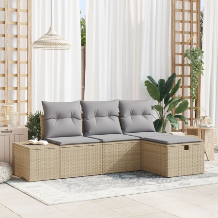 Conjunto de Sofá de Jardín de 4 Piezas con Cojines Beige Ratán Poli de , Sofás de exterior - Ref: Foro24-3359349, Precio: 294...