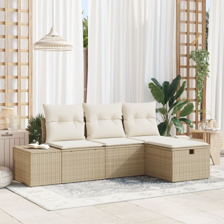 Set de Sofá de Jardín de 4 Piezas con Cojines Beige Ratán Polivalente de , Sofás de exterior - Ref: Foro24-3359350, Precio: 3...