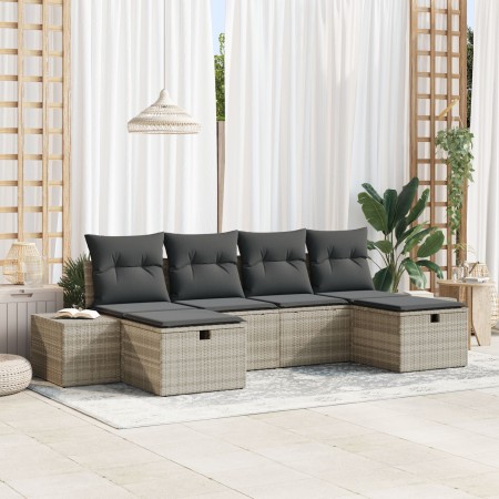 Conjunto de sofá de jardín de 6 piezas con cojines gris claro de poliratán | Foro24.es | Tu tienda online para hogar, jardín y más Foro24.es