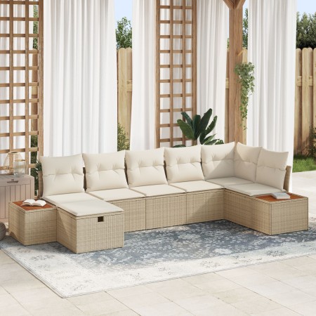 Juego de Sofá de Jardín de 7 Piezas con Cojines Beige Ratán Poliéster de , Sofás de exterior - Ref: Foro24-3359643, Precio: 5...