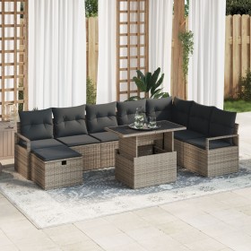 Juego de Sofá de Jardín de 9 Piezas con Cojines Gris Poliratán , Sofá de Jardín de 2 Plazas con Cojines Gris Poliratán de , S...
