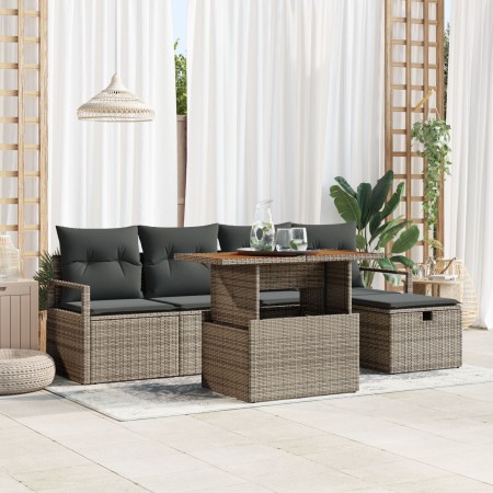 Conjunto de Sofás de Jardín de 6 Piezas con Cojines Gris Poliratán, Sofá de Jardín de 2 Plazas con Cojines Gris Poliratán de ...