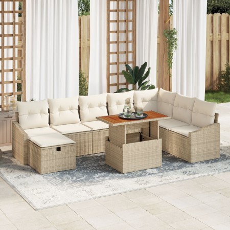 Conjunto de sofá de jardín de 9 piezas con cojines beige de ratán sintético de , Sofás de exterior - Ref: Foro24-3360040, Pre...