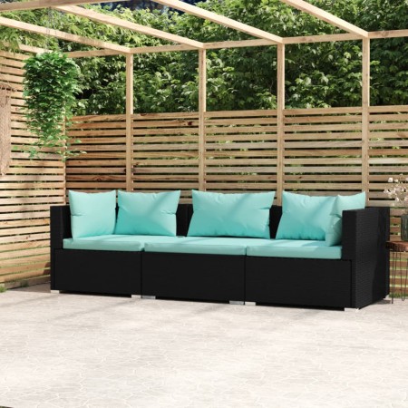 Sofá de 3 plazas con cojines ratán sintético negro de vidaXL, Conjuntos de jardín - Ref: Foro24-317533, Precio: 332,53 €, Des...