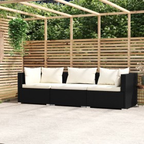Sofá de 3 plazas con cojines ratán sintético negro de vidaXL, Conjuntos de jardín - Ref: Foro24-317489, Precio: 314,08 €, Des...