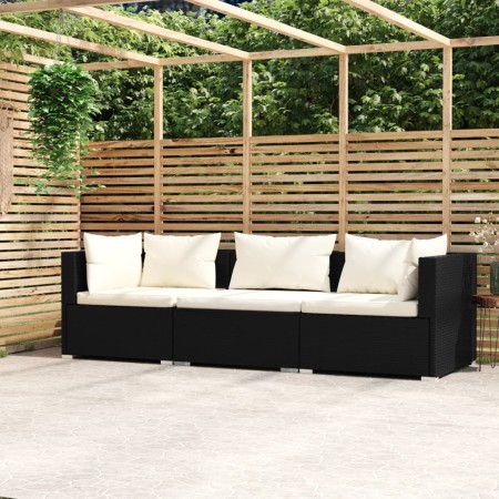 Sofá de 3 plazas con cojines ratán sintético negro de vidaXL, Conjuntos de jardín - Ref: Foro24-317489, Precio: 314,08 €, Des...