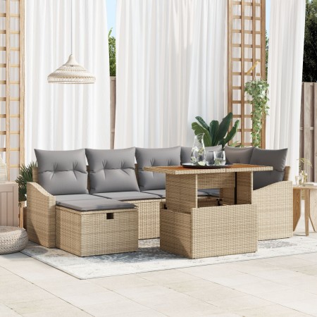 Conjunto de sofá de jardín de 7 piezas con cojines Beige Poliratán | Foro24.es | Tu tienda online para hogar, jardín y más Foro24.es