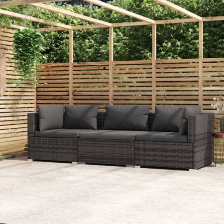 Sofá de jardín de 3 plazas con cojines ratán sintético gris de vidaXL, Conjuntos de jardín - Ref: Foro24-317511, Precio: 344,...