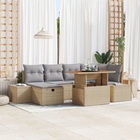 Juego de Comedor para Jardín de 7 Piezas con Cojines Beige de Rattan Poliéster Acacia de , Sofás de exterior - Ref: Foro24-33...