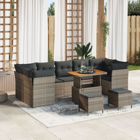 Conjunto de sofá de jardín de 10 piezas con cojines gris de ratán sintético y acacia de , Sofás de exterior - Ref: Foro24-336...