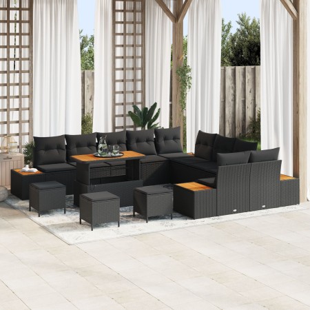 Set de Sofá de Jardín de 13 Piezas con Cojines Ratán Negro, Set de Comedor de Jardín de 3 Piezas con Cojines Ratán Negro de ,...
