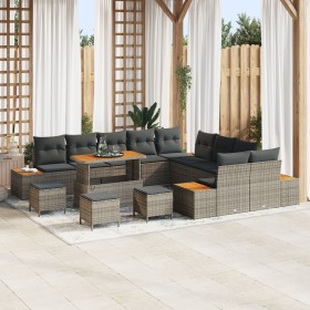 Set de Sofá de Jardín de 13 Piezas con Cojines Gris Poliratán, Set de Comedor de Jardín de 3 Piezas con Cojines Gris Poliratá...
