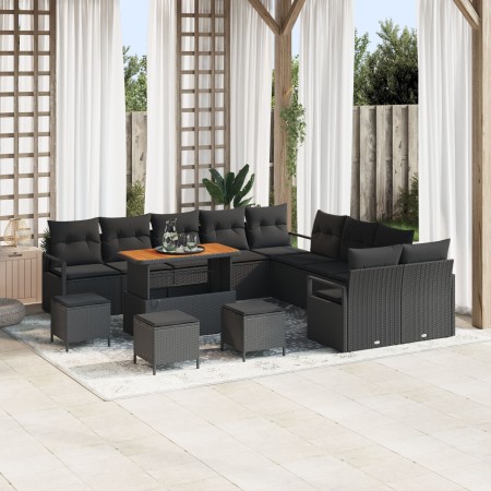 Juego de Sofá de Jardín de 13 Piezas con Cojines de Ratan Sintético Negro y Acacia de , Sofás de exterior - Ref: Foro24-33645...