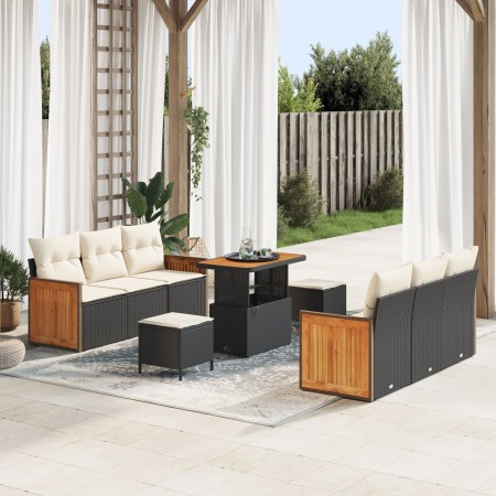 Sofás de Jardín  de 9 piezas con Cojines Negro Ratán PE Acacia, Comedor de Jardín  de 3 piezas con Cojines Negro Ratán PE Acacia | Foro24.es | Tu tienda online para hogar, jardín y más Foro24.es