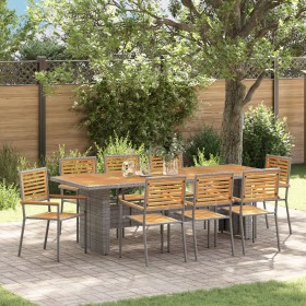 Juego de Comedor de Jardín de 9 piezas Gris Poliratán Acacia, Sillas Apilables de Jardín con Cojines 2 pcs Gris Poliratán de ...