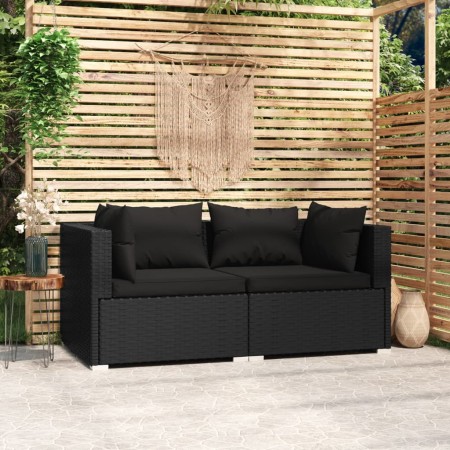Sofá de 2 plazas con cojines ratán sintético negro de vidaXL, Conjuntos de jardín - Ref: Foro24-317520, Precio: 190,78 €, Des...