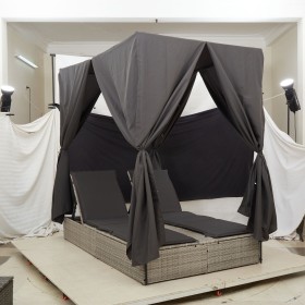 Doble Tumbona con Techo y Cortinas Gris Claro Poliratán de , Camas para exteriores - Ref: Foro24-3376132, Precio: 712,42 €, D...