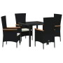 Set de Comedor de Jardín de 5 Piezas con Cojines Ratán Poliéster Negro de , Sillas de jardín - Ref: Foro24-3379423, Precio: 3...