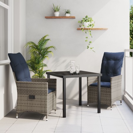 Juego de Comedor de Jardín de 3 Piezas con Cojines de Ratán Gris de , Mesa de Jardín Negra 80x80x73 cm con Cristal Templado d...