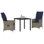 Juego de Comedor de Jardín de 3 Piezas con Cojines de Ratán Gris de , Mesa de Jardín Negra 80x80x73 cm con Cristal Templado d...
