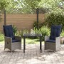 Juego de Comedor de Jardín de 3 Piezas con Cojines de Ratán Gris de , Mesa de Jardín Negra 80x80x73 cm con Cristal Templado d...
