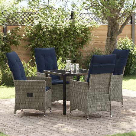 Conjunto de Comedor de Jardín de 5 Piezas con Cojines de Ratán Gris, Mesa de Jardín Negra 80x80x73 cm con Vidrio Templado de ...
