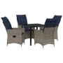Conjunto de Comedor de Jardín de 5 Piezas con Cojines de Ratán Gris, Mesa de Jardín Negra 80x80x73 cm con Vidrio Templado de ...