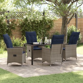 Juego de Comedor de Jardín de 5 Piezas con Cojines Grises de Polirratán, Mesa de Jardín Negra 140x80x73 cm Cristal Templado d...