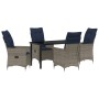 Juego de Comedor de Jardín de 5 Piezas con Cojines Grises de Polirratán, Mesa de Jardín Negra 140x80x73 cm Cristal Templado d...