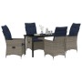 Juego de Comedor de Jardín de 5 Piezas con Cojines Grises de Polirratán, Mesa de Jardín Negra 140x80x73 cm Cristal Templado d...