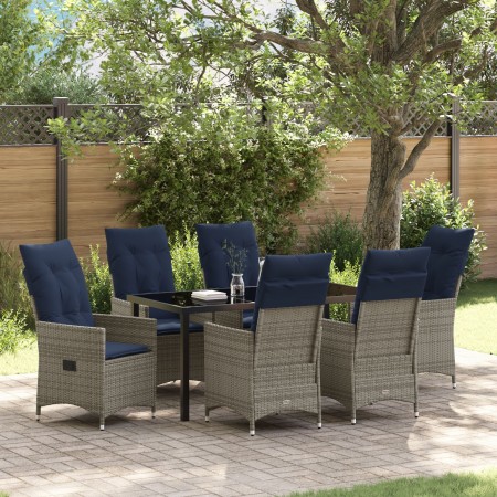 Juego de Comedor de Jardín de 7 Piezas con Cojines de Ratán Gris, Mesa de Jardín Negra 160x80x73 cm Vidrio Templado de , Mesa...