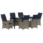 Conjunto de Comedor de Jardín de 7 Piezas con Cojines de Ratán, Mesa de Jardín Negra 200x80x73 cm con Cristal Templado de , M...