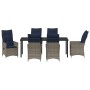 Conjunto de Comedor de Jardín de 7 Piezas con Cojines de Ratán, Mesa de Jardín Negra 200x80x73 cm con Cristal Templado de , M...