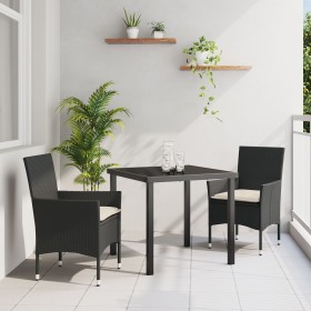 Juego de Comedor de Jardín de 7 Piezas con Cojines Gris Claro Poliratán, Mesa de Jardín Negra 200x80x73 cm Vidrio Templado de...