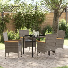Juego de Comedor de Jardín de 5 Piezas con Cojines de Poliratán Gris, Mesa de Jardín Negra 80x80x73 cm de Cristal Templado de...