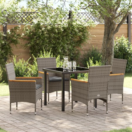 Juego de Comedor de Jardín de 5 Piezas con Cojines de Poliratán Gris, Mesa de Jardín Negra 80x80x73 cm de Cristal Templado de...
