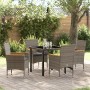 Juego de Comedor de Jardín de 5 Piezas con Cojines de Poliratán Gris, Mesa de Jardín Negra 80x80x73 cm de Cristal Templado de...