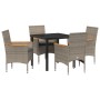 Juego de Comedor de Jardín de 5 Piezas con Cojines de Poliratán Gris, Mesa de Jardín Negra 80x80x73 cm de Cristal Templado de...